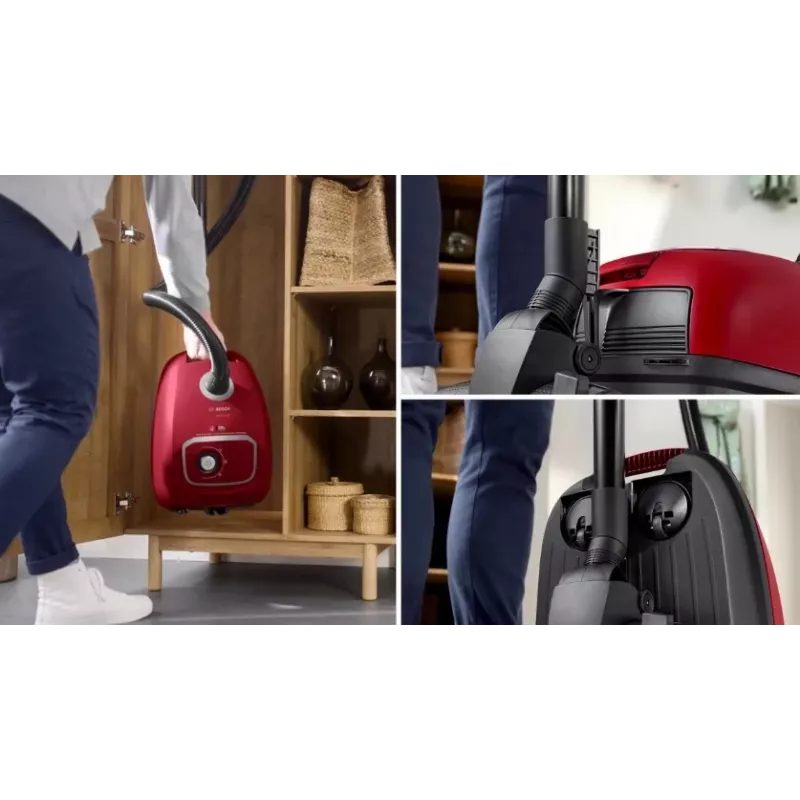 Putekļsūcējs Bosch BGB 41RD3H — 600 W, 4 L putekļu maiss, HEPA filtrs, 11 m darbības rādiuss, teleskopiskā caurule, sarkans