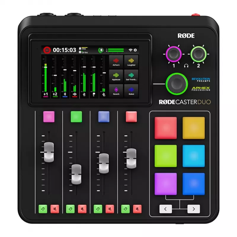 Studijas kontrolieris RØDE Caster Duo Black — 2 kombinētie XLR/TRS, 2 TRS līniju izejas, 48 kHz, 24-bit, skārienekrāns, Wi‑Fi, Bluetooth