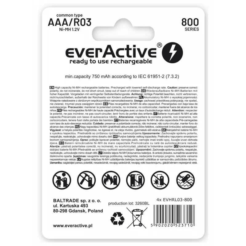 everActive EVHRL03-800-2BL AAA NiMH 800 mAh atkārtoti uzlādējamās baterijas (2 gab.)