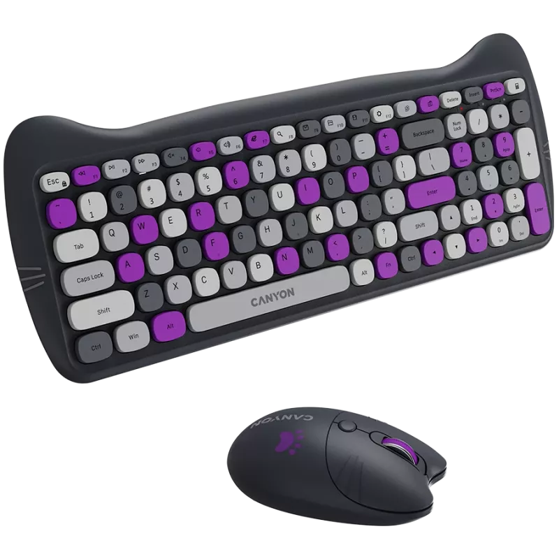 Bezvadu tastatūras un peles komplekts CANYON HSET-W6 Kitty Edition – violets