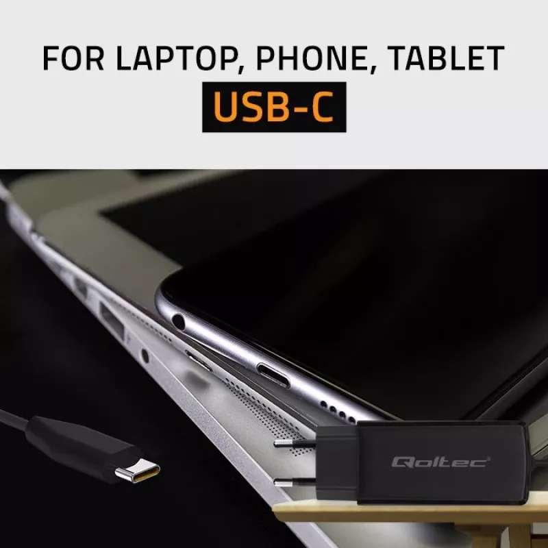 GaN 90W lādētājs QOLTEC 52420 USB-C PD 5–20V 3A/4.5A izeja, 220–240V ieeja, 1.8 m kabelis, melns