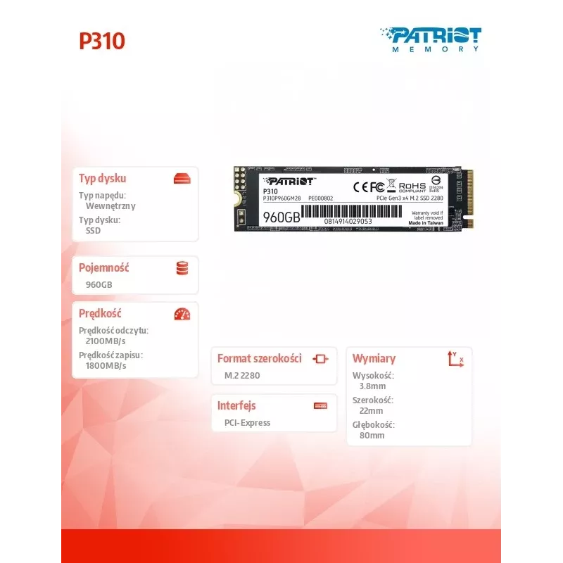 Patriot Memory 960GB M.2 PCI Express 4.0 NVMe P310P960GM28
