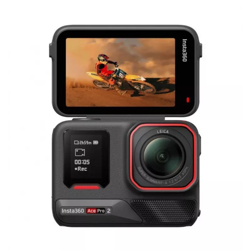 Action kamera Insta360 Ace Pro 2 — 50 MP, 8K Ultra HD (7680×3272), 1/1.3 collu sensors, līdz 240 kadriem/s, iebūvēts ekrāns, Wi‑Fi, MicroSD, 177,7 g, Melna