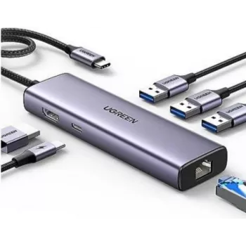 Ugreen 15598 USB 3.2 Gen 1 Type-C centrmezgls ar HDMI, RJ-45, USB 3.0, sudraba krāsā