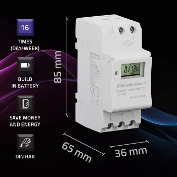 DIN sliedes elektroniskais taimeru slēdzis QOLTEC 50983, ar bateriju, automātikas shēmām