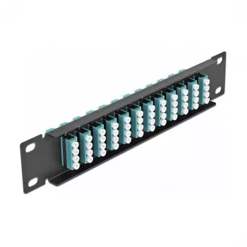 DeLOCK 10 collu 12 Portu LC Quad Aqua 1U Melns optiskās šķiedras sadales panelis