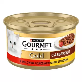 Slapjā kaķu barība Gourmet Gold 85 g — pieaugušiem kaķiem, liellopa gaļa un vista