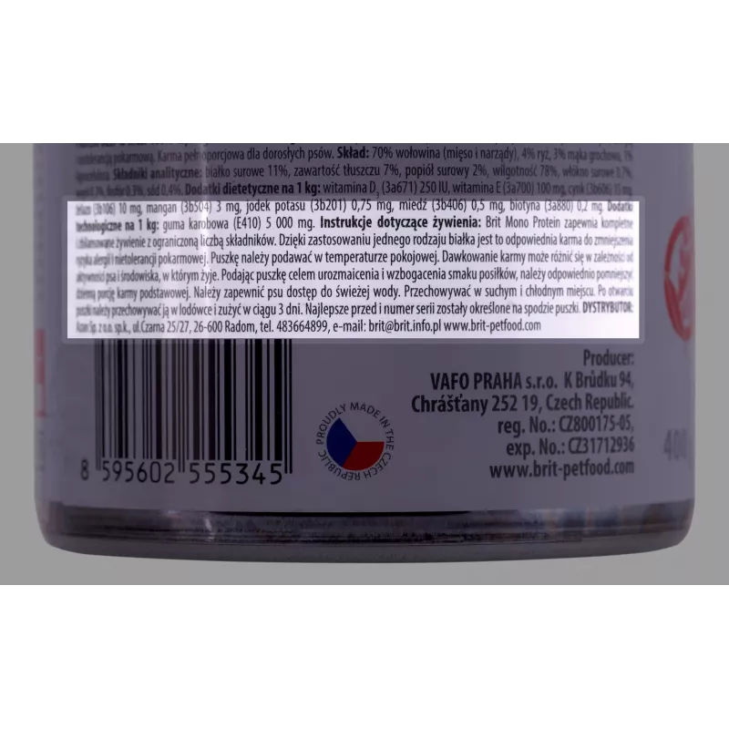 BRIT Mono Protein liellopa gaļa un rīsi - mitrā suņu barība - 400g