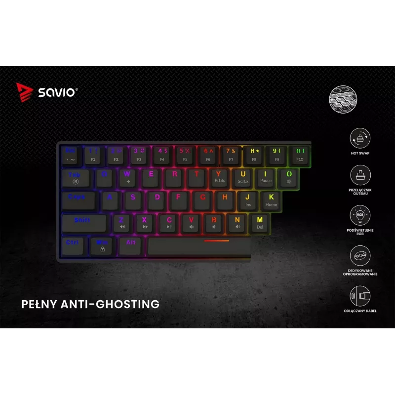 Mehāniskā spēļu tastatūra SAVIO BLACKOUT X2 PEACH — 61 taustiņš 60% QWERTY, RGB LED, hot-swap, USB Type-A/Type-C, atvienojams kabelis