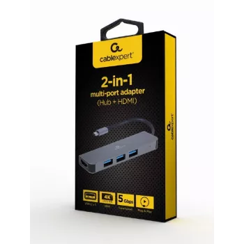 USB-C klēpjdatora dokstacija GEMBIRD A-CM-COMBO2-01 — USB 3.2 Gen 1 Type-C, 3× USB-A, 1× HDMI, pelēka