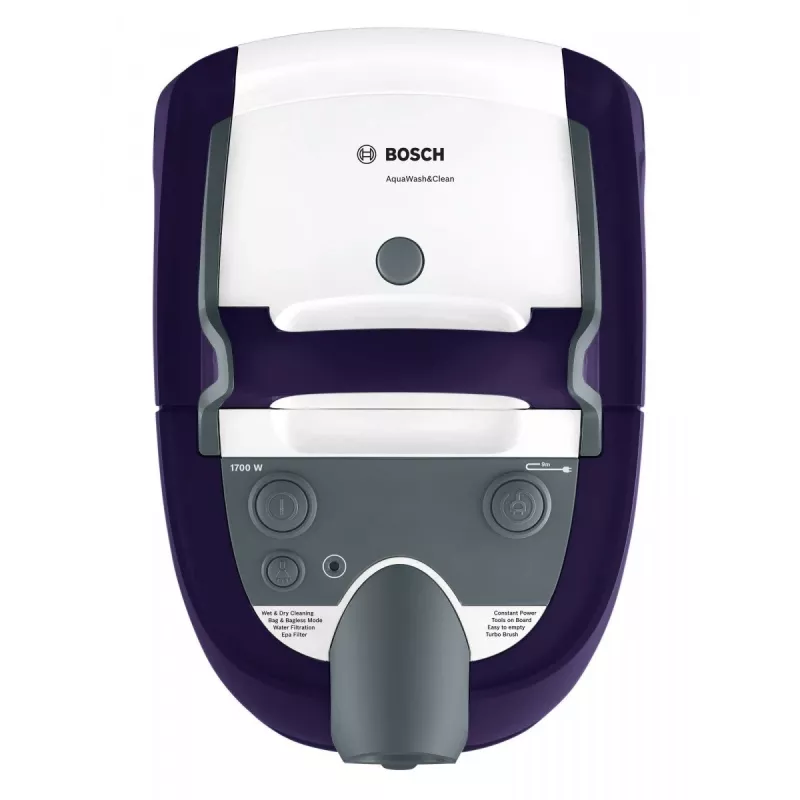 Slapjās un sausās tīrīšanas putekļsūcējs Bosch BWD 41740 AquaWash&Clean — 1700 W, 5 L tvertne, EPA filtrs, teleskopiskā caurule, 9 m rādiuss, violets