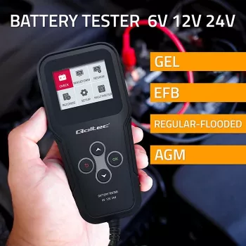 Qoltec 52489 Digitālais akumulatora analizators 3-in-1 ar LCD un daudzvalodu atbalstu 6V | 12V | 24V | 30Ah-200Ah