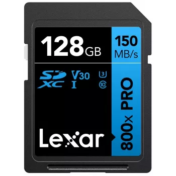 SDXC atmiņas karte Lexar 128GB UHS-I 800xPRO Class 10 U3 V30 — lasīšana 150 MB/s, rakstīšana 45 MB/s, melna