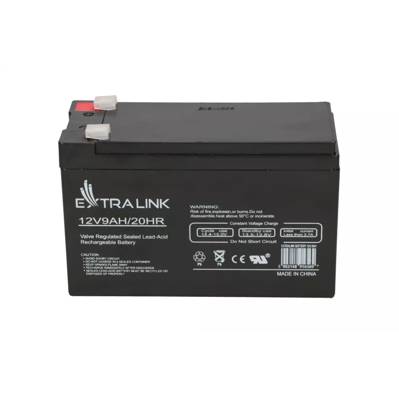 Noslēgts svina-skābes (VRLA) akumulators 12V 9Ah Extralink – AGM, 1 gab., Melns