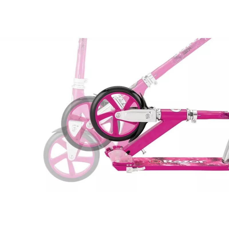 Scooteris Razor A5 Lux — salokāms alumīnija, 20 cm poliuretāna riteņi, regulējams stūres statnis, max slodze 100 kg, rozā