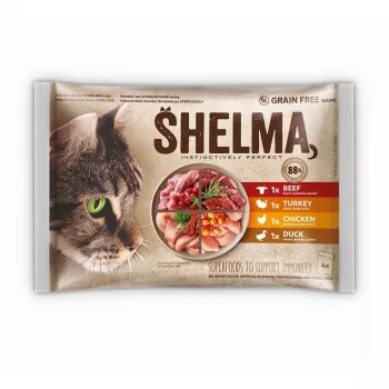 Slapjā barība kaķiem SHELMA multipaka 4×85 g — pieaugušiem kaķiem, vistas, tītara, liellopa, pīles, bezgraudu