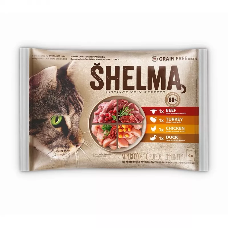 Slapjā barība kaķiem SHELMA multipaka 4×85 g — pieaugušiem kaķiem, vistas, tītara, liellopa, pīles, bezgraudu