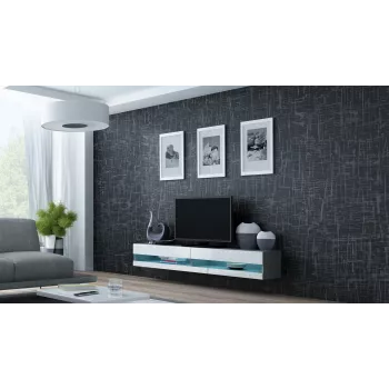 TV statīvs Cama Meble VIGO NEW 30/140/40 — 1400×400×300 mm, pelēka virsma, pelēks rāmis, balti spīdīgi priekšējie paneļi