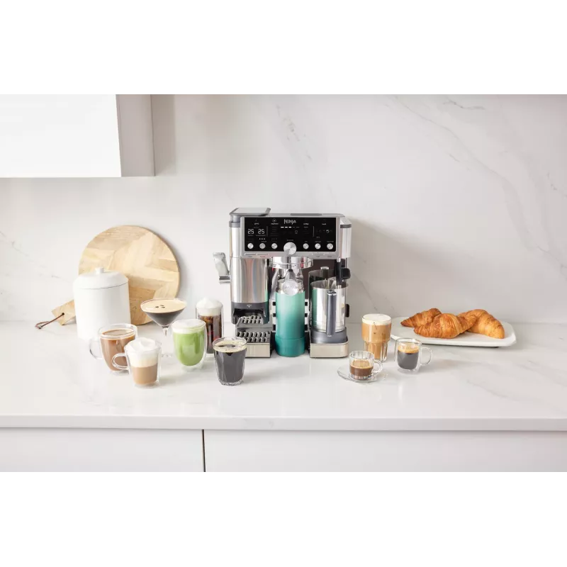 Kafijas automāts Ninja ES701EU — daļēji automātisks, iebūvēta dzirnaviņa, 2 L ūdens tvertne, 1650 W, 25 malšanas pakāpes, piena tvertne, 14 bar sūknis