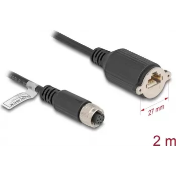 DeLOCK M12 A-kodēts 8-pin sievišķais uz RJ45 ligzdu Cat5e 2m Melns tīkla kabelis