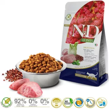 Sausā barība kaķiem Farmina N&D Quinoa Adult Lamb 1.5 kg — jēra gaļa, 33% olbaltumvielas, 21,5% tauki, bez lipekļa un sojas