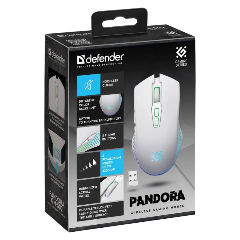 Bezvadu spēļu pele DEFENDER Pandora White — ambidekstrāla, 3200 DPI, 6 pogas, programmējama, optiska, USB