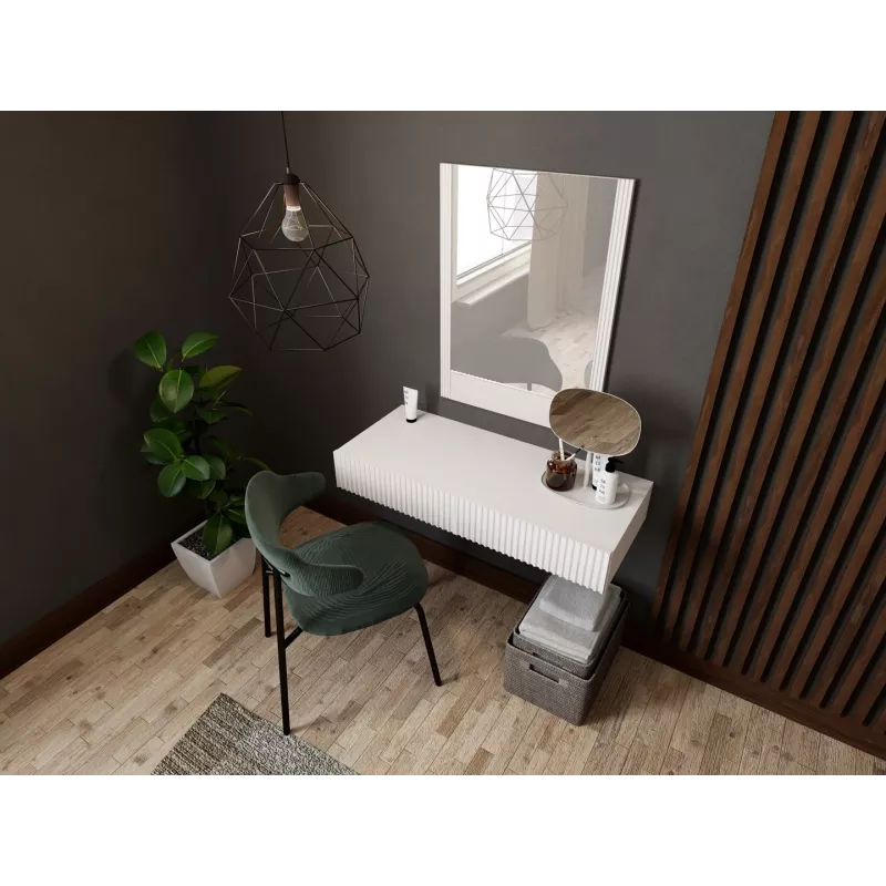 Tualetes galdiņš ar spoguli cama meble PAFOS 80×41,6×100 cm, matēti balts, MDF rāmis, 1 atvilktne