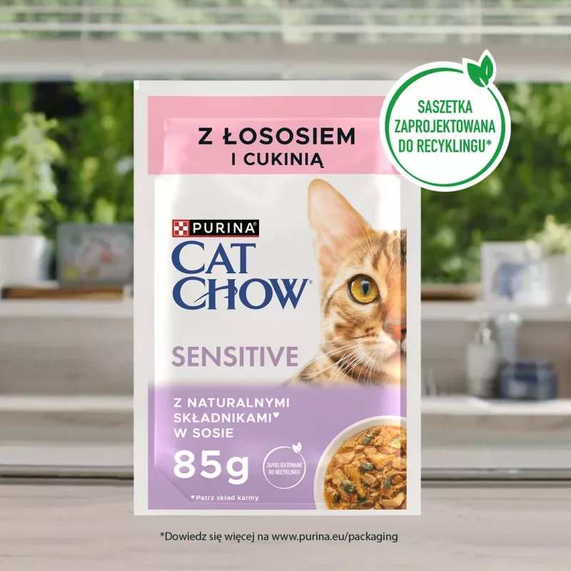 Purina Cat Chow Sensitive Gig ar lasi un cukini mērcē - Mitrā barība kaķiem - 85 g