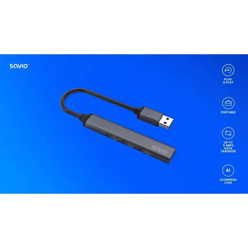 USB centrmezgls SAVIO AK-70, 7 porti USB 3.0, 4 izmantojami porti, USB Type-A savienotājs, 5 Gbit/s pārsūtīšana, garantija 2 gadi