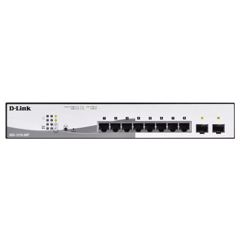 D-Link DGS-1210-08P/E L2 viedais slēdzis, 8 porti Gigabit Ethernet ar PoE, melns