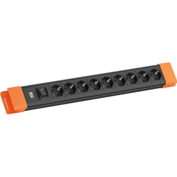 Strāvas sadalītājs Bachmann CONNECTUS ar 9x CEE 7/3 ligzdām, 1x slēdzis, 2,0 m kabelis — melns/oranžs