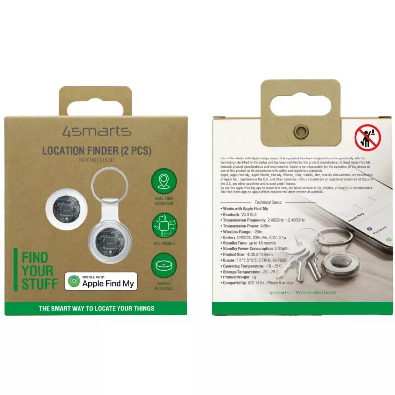 4smarts SkyTag Lucid 2-pack — Bluetooth GPS izsekotājs, balts