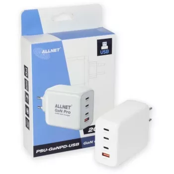 ALLNET PSU-GaNPD-USB-1A3C-200W — 200W GaN USB lādētājs, 1× USB-A, 3× USB-C