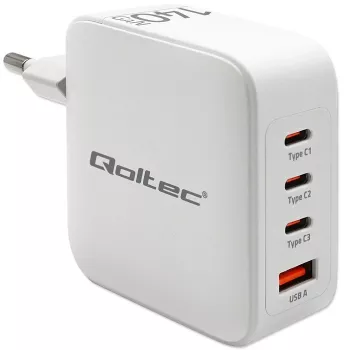 Lādētājs QOLTEC 51828 140W GaN 3×USB‑C PD + 1×USB‑A QC 3.0 – daudzportu ātrais lādētājs
