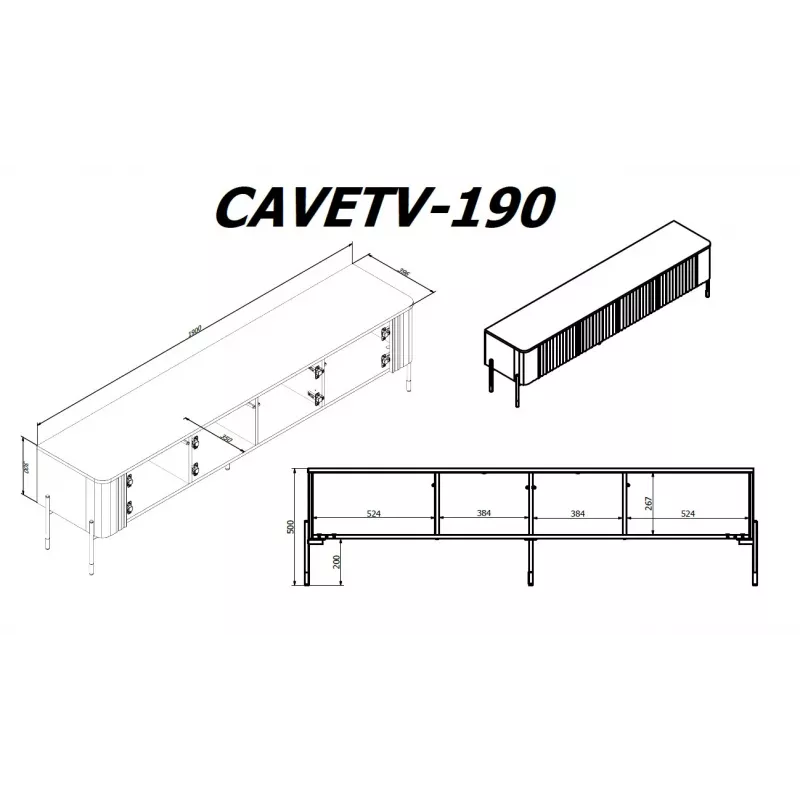 TV skapis Cama Meble VERA 190x40x50 cm, matēti balts, skaidu plātnes virsma
