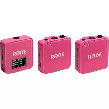 Bezvadu mikrofons RODE Wireless GO III Pink — kompakta divkanālu raidītāju un uztvērēja sistēma