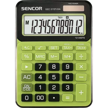 Galda kalkulators SENCOR SEC 372GN 12-ciparu LCD, pamata aritmētiskās funkcijas, saules un bateriju barošana
