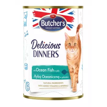 Butcher's Delicious Dinners Slapjā barība kaķiem Ocean Fish gabaliņi želejā 400 g, zivju garša, senioram, konservs