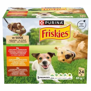 PURINA Friskies Adult Beef, Chicken & Lamb in mērcē mitrā suņu barība, multipaka 24x85 g