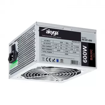 Akyga Basic AK-B1-600 ATX barošanas bloks 600 W, 120 mm ventilators, pasīvais PFC, pelēks