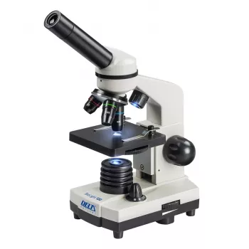 Saliktais optiskais mikroskops Deltaoptical DO-3210 — monokulārs, 3 ahromatiskie objektīvi, LED apgaismojums, 40–400×, 45° slīpa grozāma galva