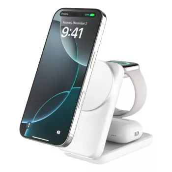 Bezvadu lādētājs Belkin UltraCharge 25W Qi2 3in1 magnētiskais lādētājs balts kvadrāts