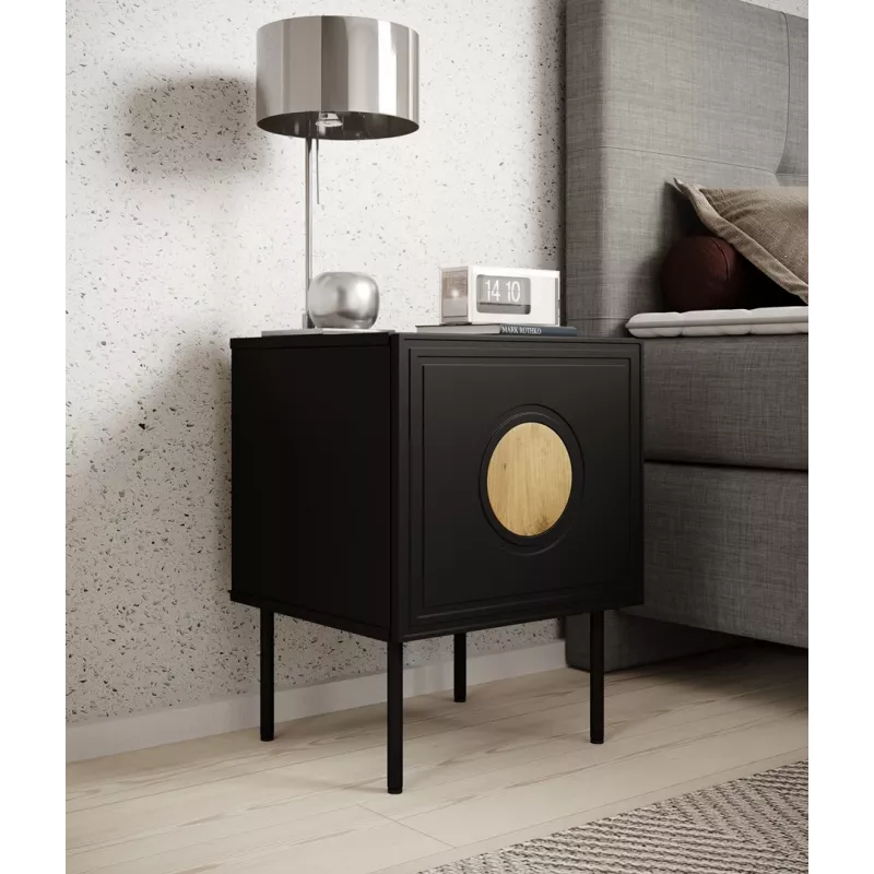 Naktsgaldiņu komplekts 2 gab. cama meble PALAZZO 44.5×40×59 cm melns un ozolkoka krāsā — 1 durvis, matēts lamināts, metāla kājas