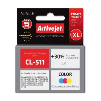 Tintes kasetne ActiveJet AC-511R saderīga Canon CL-511, krāsu (CMY) 12 ml, augstas ietilpības, vienā iepakojumā