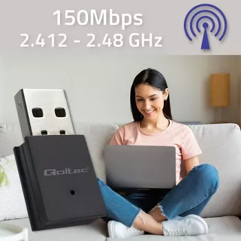 Mini USB Wi‑Fi adapteris QOLTEC 57007 — 2,4 GHz, 150 Mbps, iekšējā antena
