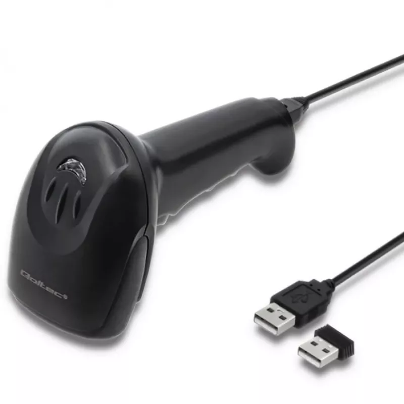 Rokas svītrkodu lasītājs QOLTEC 50868 — 1D/2D lāzera skeneris, USB vads un bezvadu, darba attālums 600 mm, melns