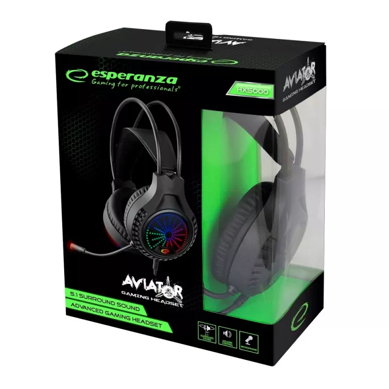 Esperanza EGH5000 Aviator spēļu austiņas ar mikrofonu, virtuāla 5.1 telpiskā skaņa, USB 2.0, 32 Ω, skaļuma regulators, melnas