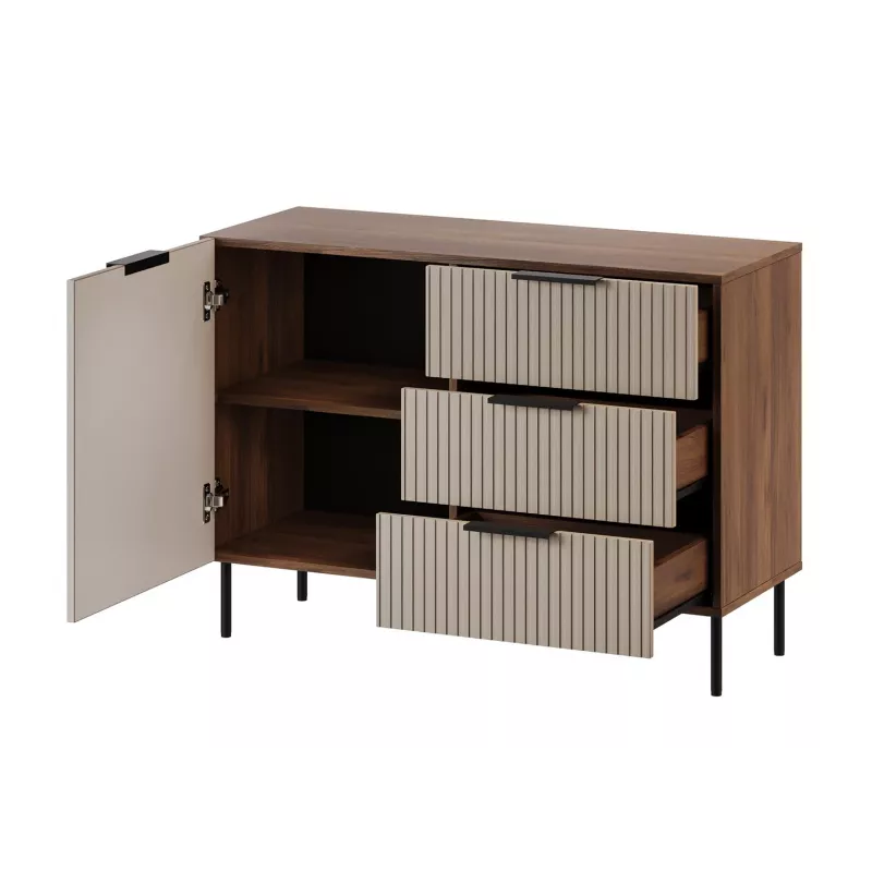 Kumode ALMERA 104x42x75 cm, valrieksts/krems, 3 atvilktnes, skaidu plātne