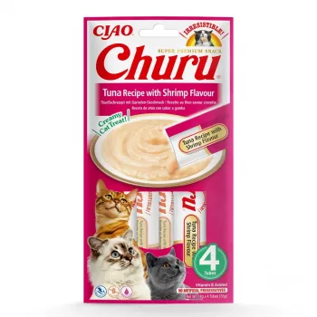 INABA Churu garšas maisiņš kaķiem – tuncis ar garnelēm – 4x14 g