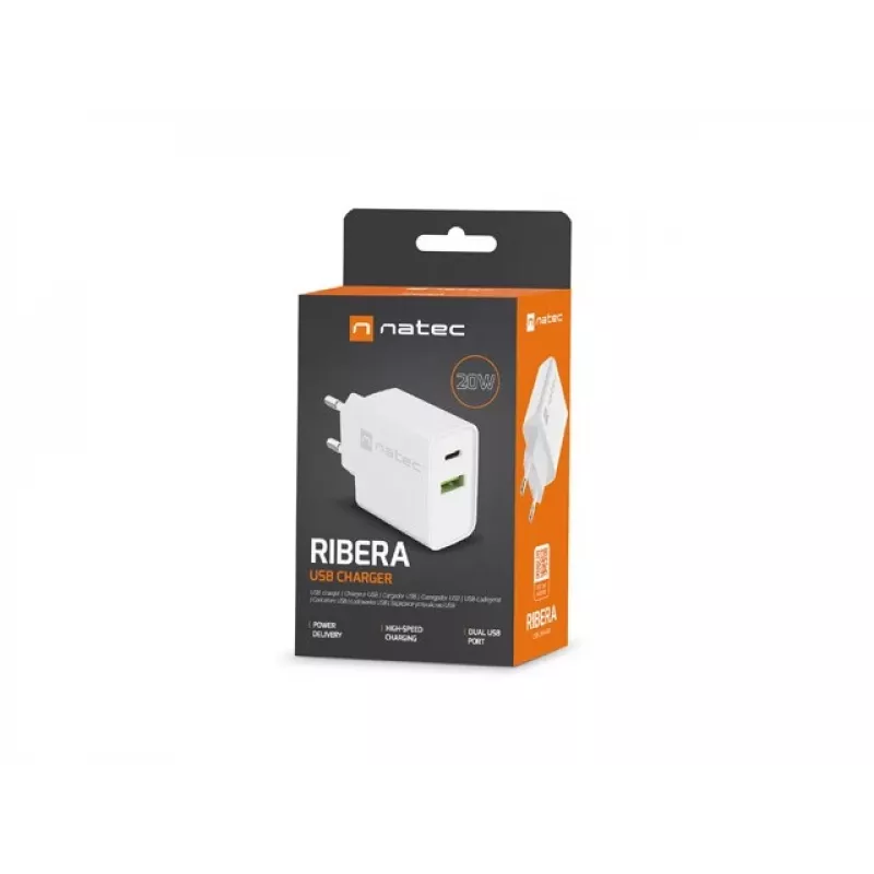 Sienas lādētājs NATEC RIBERA 12V 20W USB-C PD 3.0 + USB-A Samsung AFC Balts